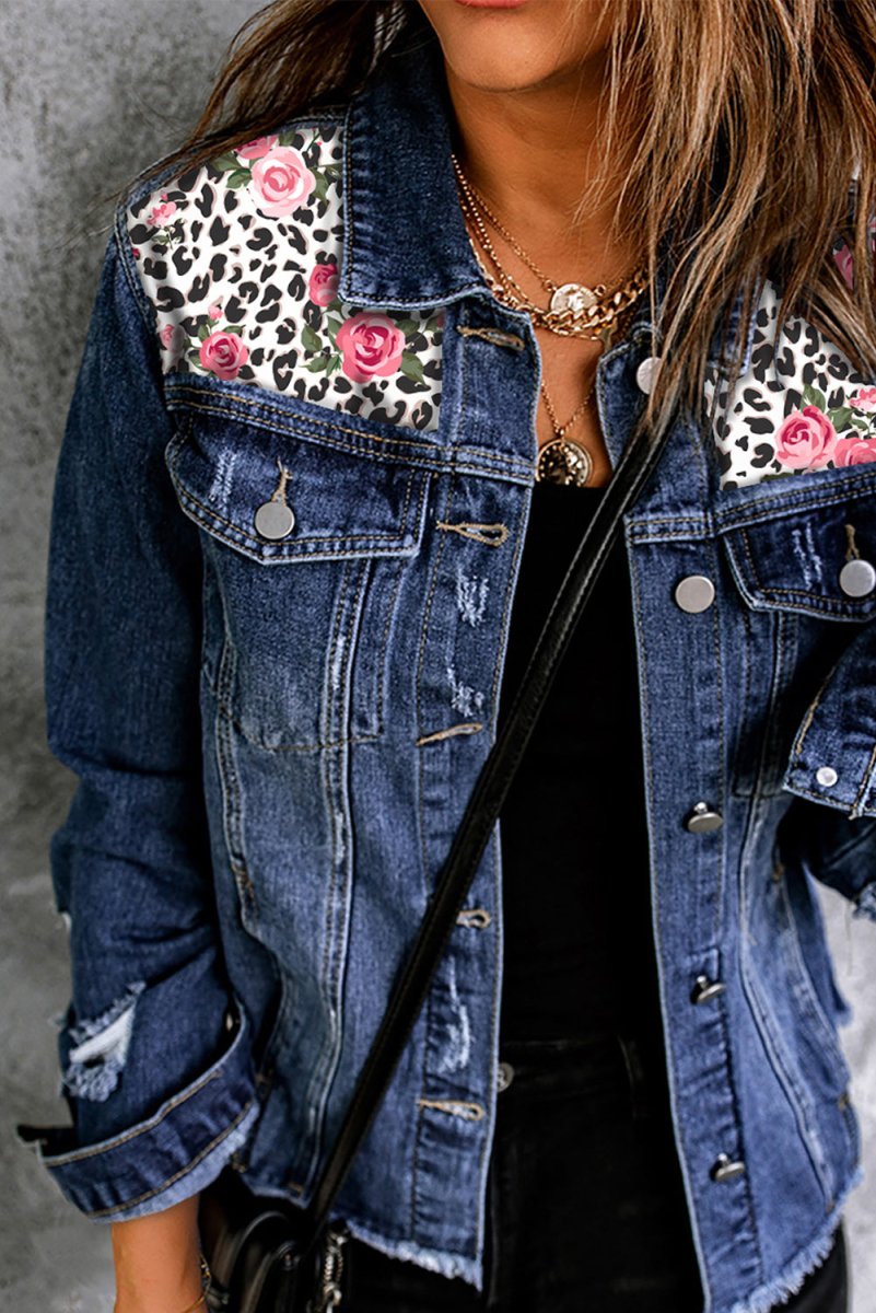 Mixed Print Distressed Button Front Denim Jacket - Outerwear
