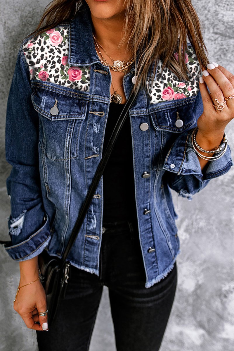 Mixed Print Distressed Button Front Denim Jacket - Outerwear