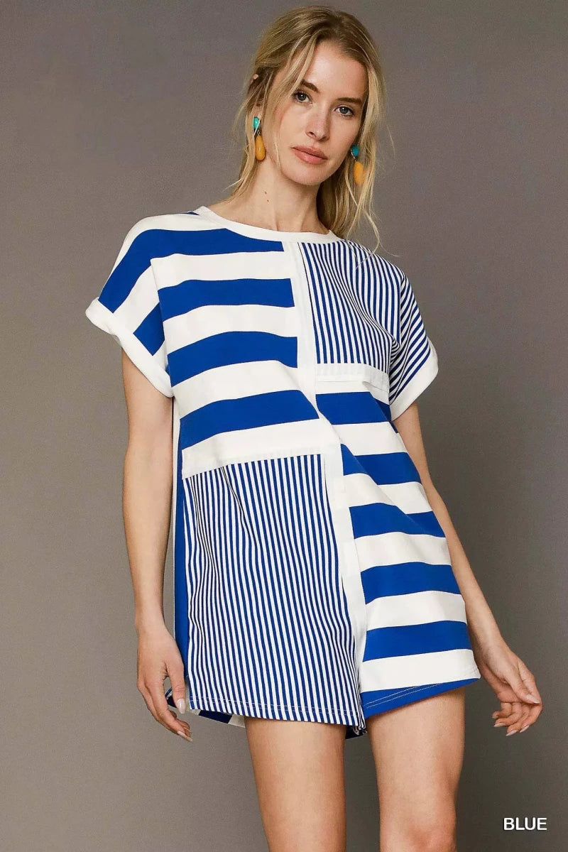 Mixed Striped Short Sleeve Romper - 
