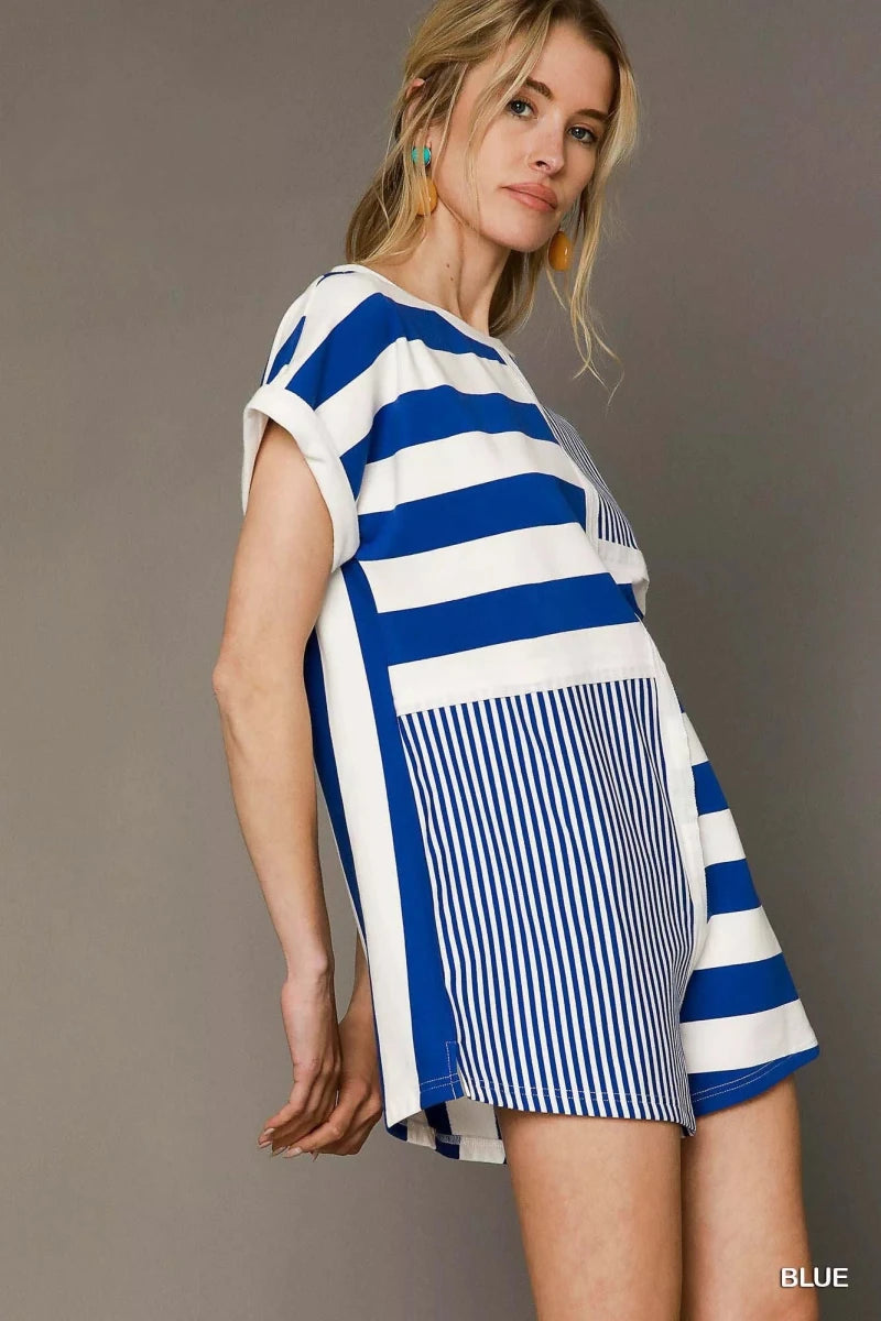 Mixed Striped Short Sleeve Romper - 