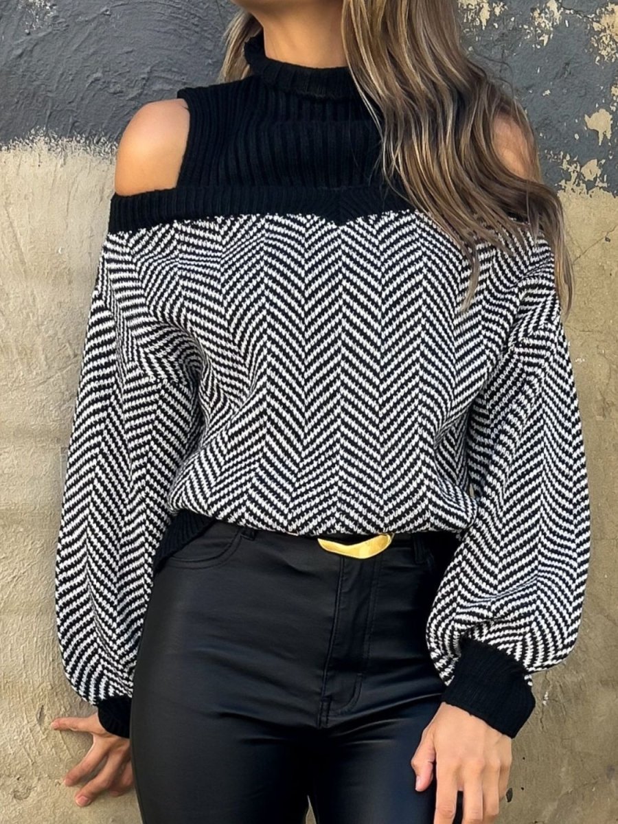 Mock Neck Cold Shoulder Sweater - Outerwear