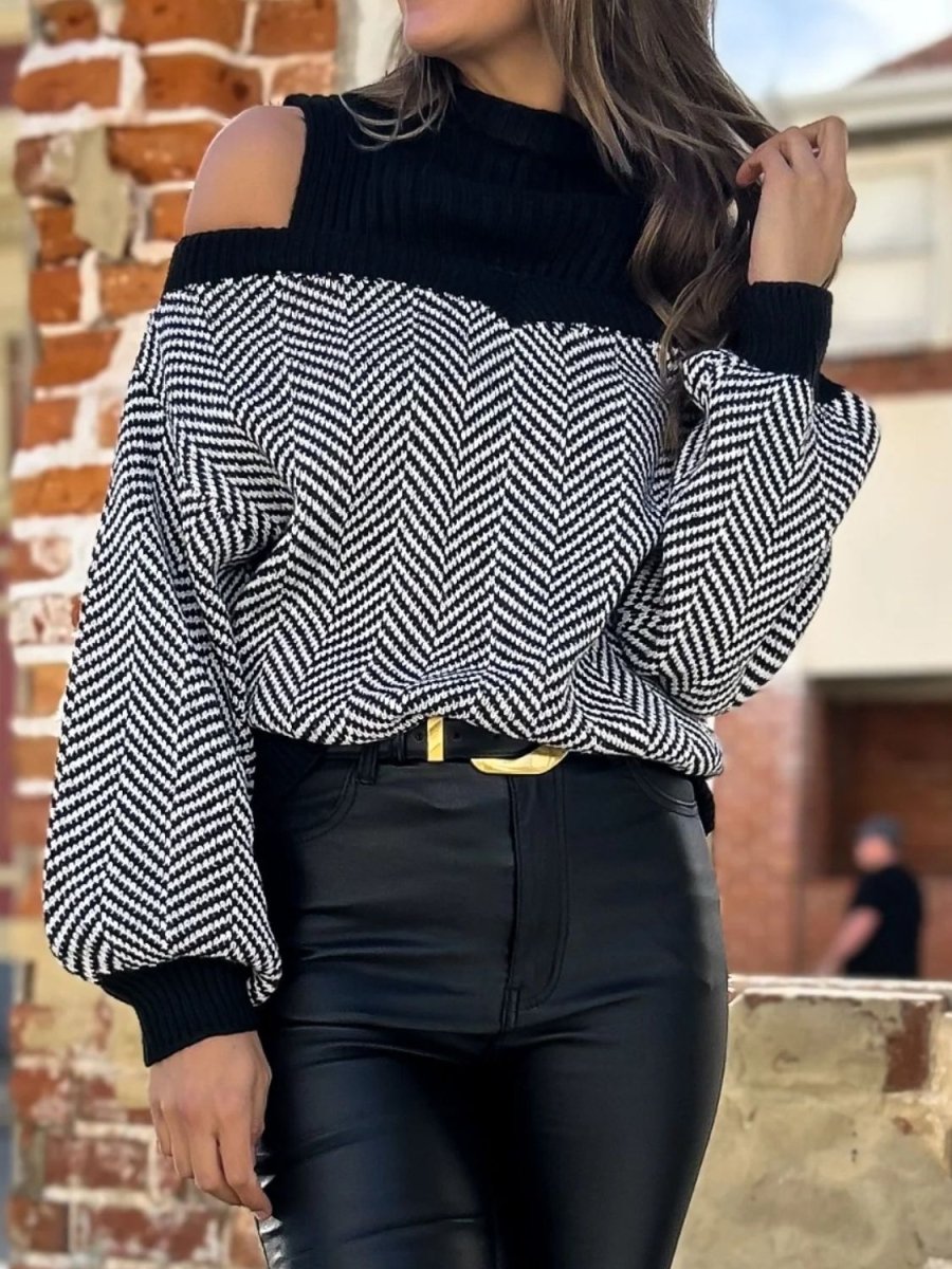 Mock Neck Cold Shoulder Sweater - Outerwear