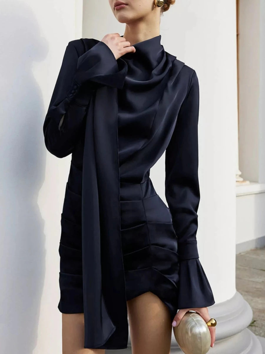 Mock Neck Flounce Sleeve Dress - 