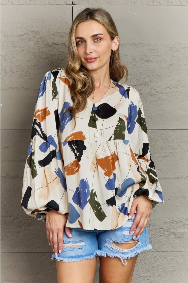 Multi Colored Printed V - Neck Lantern Sleeve Blouse - 