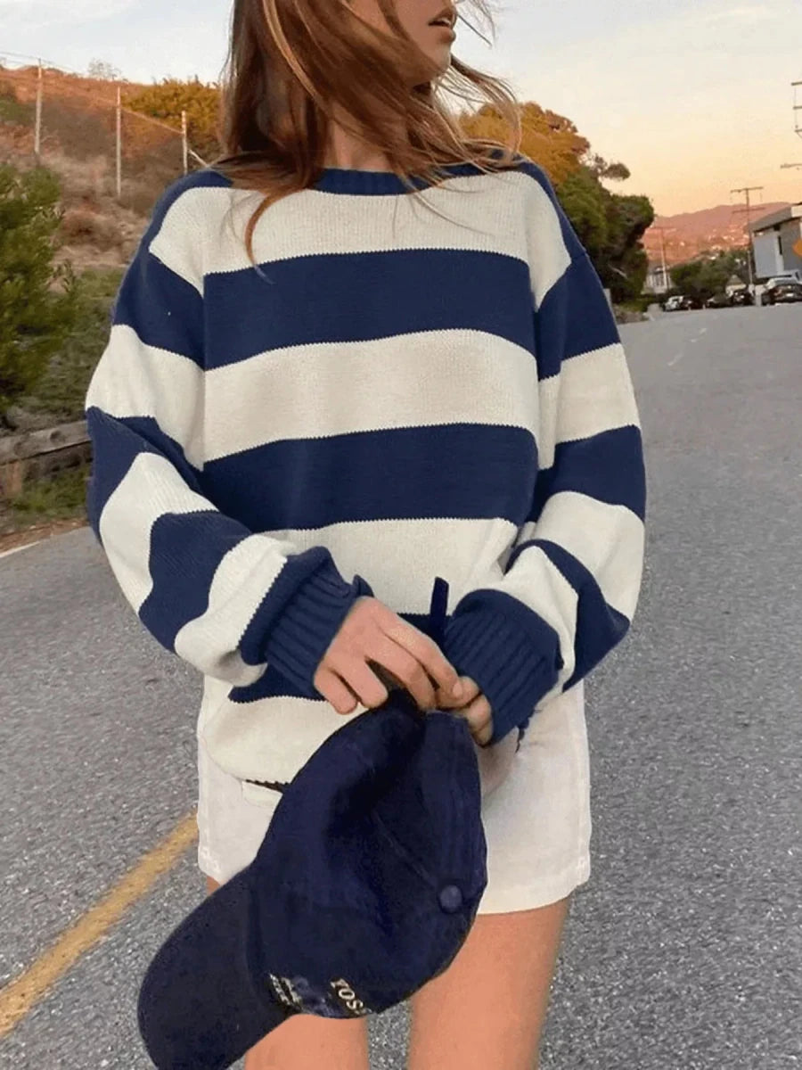 Nautical Striped Round Neck Sweater - 