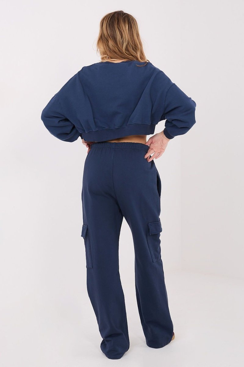 Navy Blue Cotton Tracksuit Trousers with Cargo Pockets - 