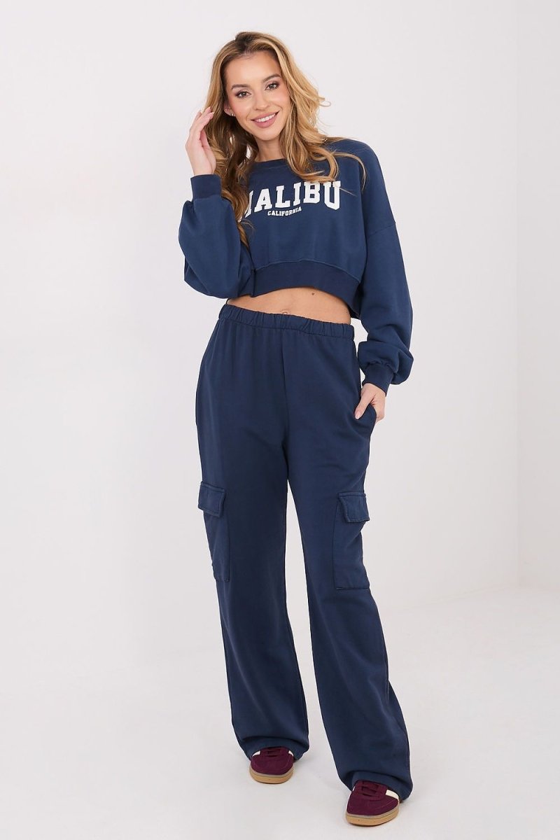 Navy Blue Cotton Tracksuit Trousers with Cargo Pockets - 