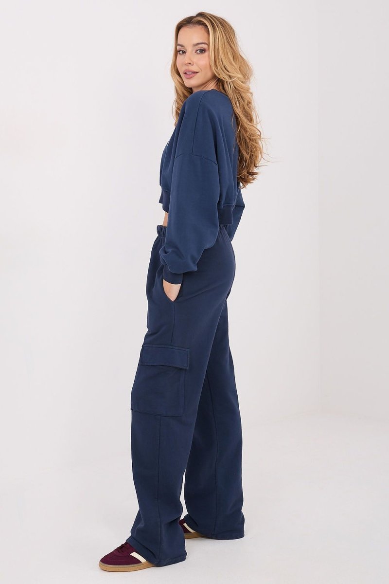 Navy Blue Cotton Tracksuit Trousers with Cargo Pockets - 