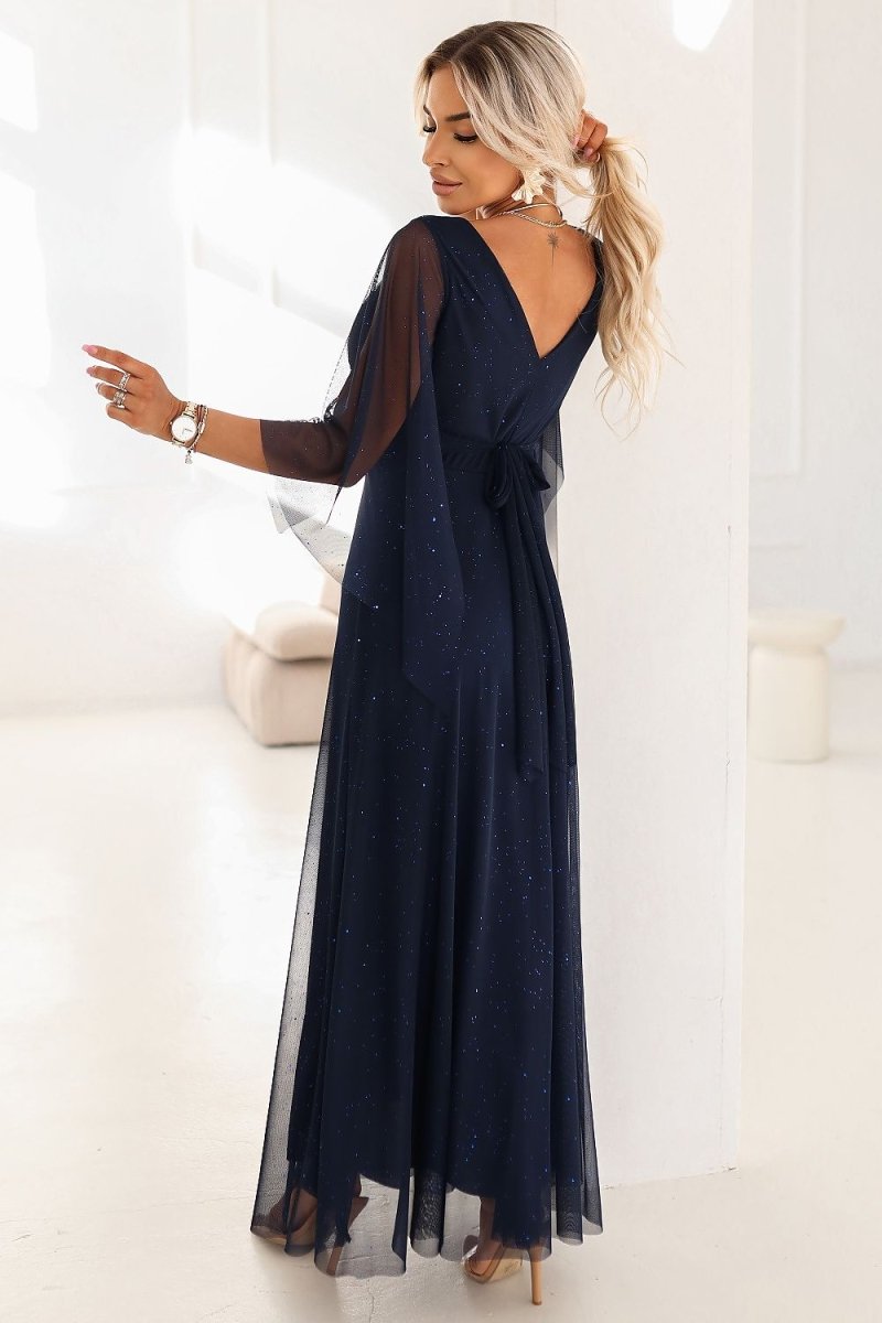 Navy Blue Maxi Dress with Glitter - 