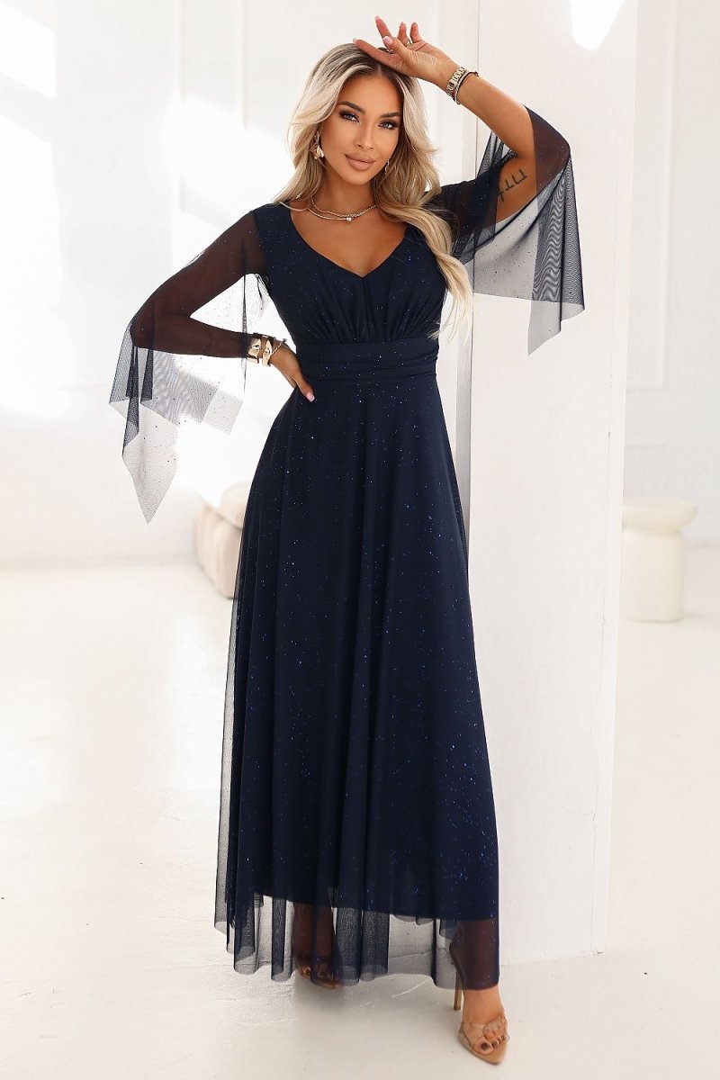 Navy Blue Maxi Dress with Glitter - 