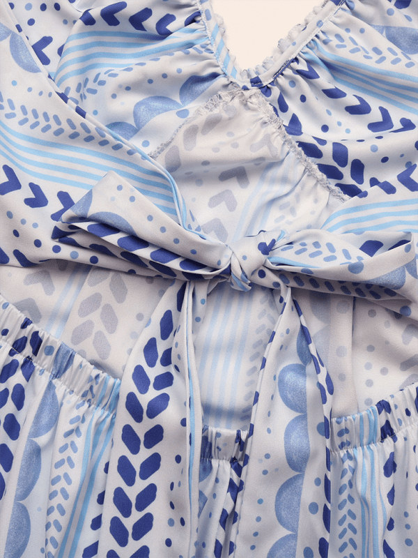 New backless strappy V - neck halter print dress - Vacation Dress