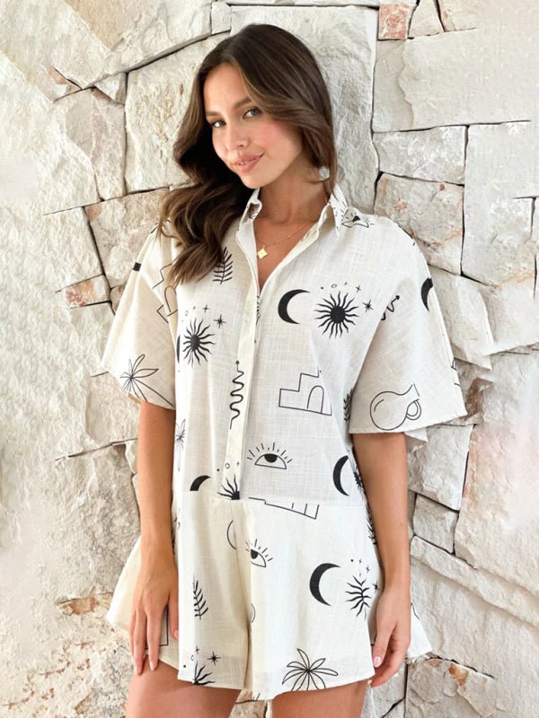 New casual simple printed wide - leg casual short jumpsuit - Jumpsuit