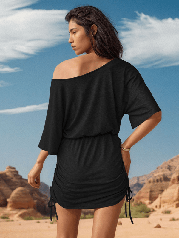 New casual slanted shoulder collar slim drawstring hip - covering dress and skirt - Party Dress