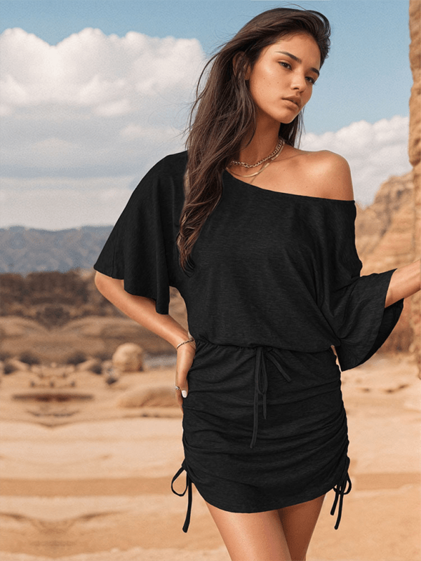 New casual slanted shoulder collar slim drawstring hip - covering dress and skirt - Party Dress