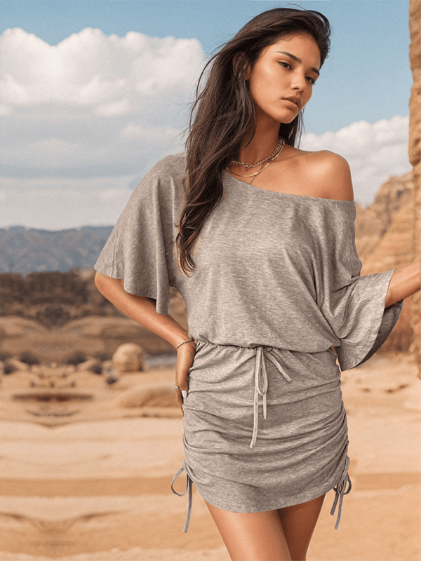 New casual slanted shoulder collar slim drawstring hip - covering dress and skirt - Party Dress