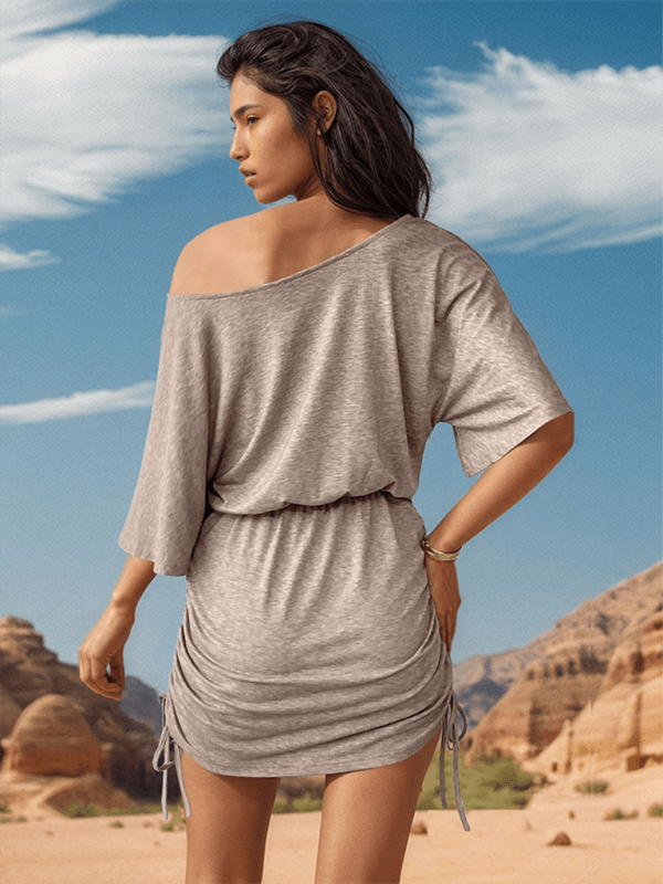 New casual slanted shoulder collar slim drawstring hip - covering dress and skirt - Party Dress