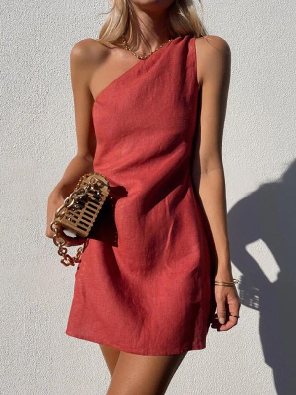 New casual solid color slant shoulder dress - Nightout dress