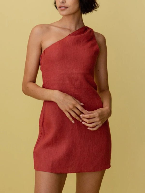 New casual solid color slant shoulder dress - Nightout dress