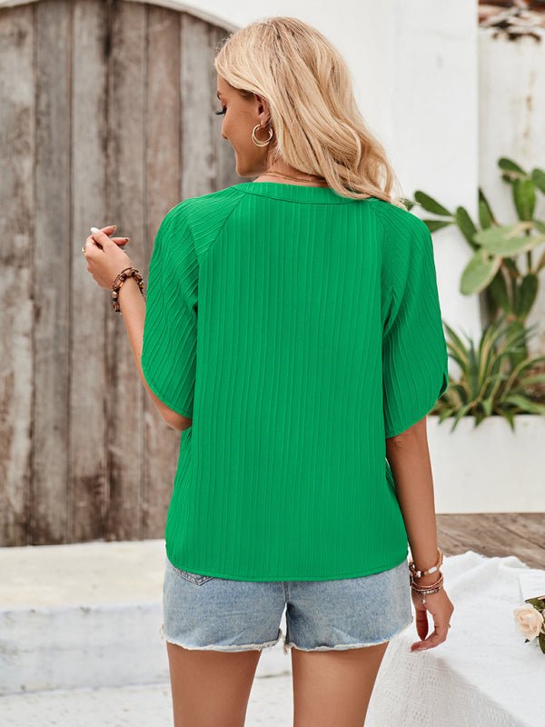 New casual solid color V - neck slim fit hollow top - Top