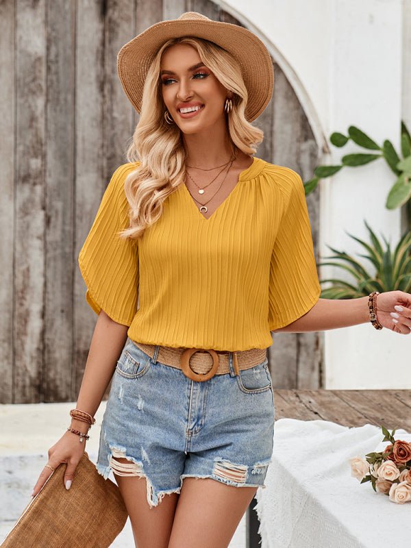 New casual solid color V - neck slim fit hollow top - Top