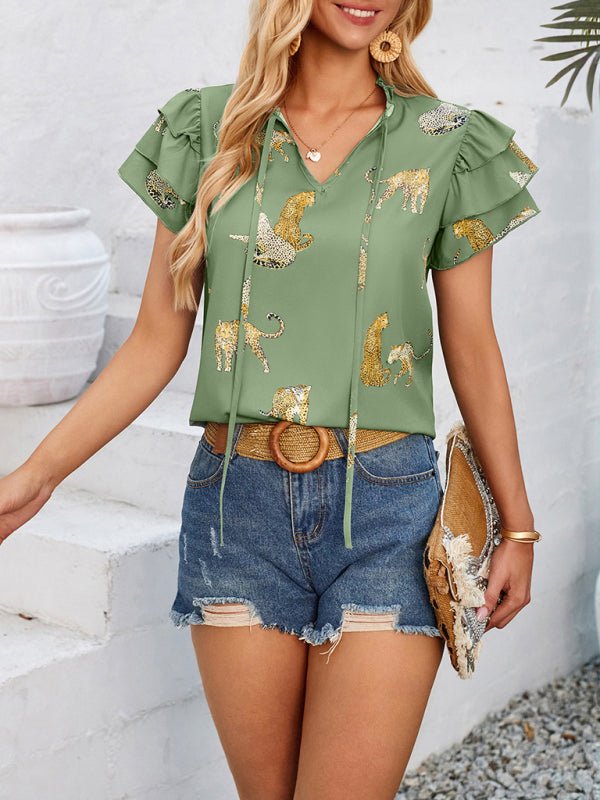 New casual summer V - neck printed ruffle sleeve top - Top