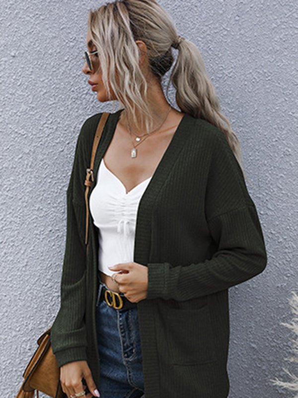 New casual women's basic long - sleeved solid color long sweater cardigan - Outerwear