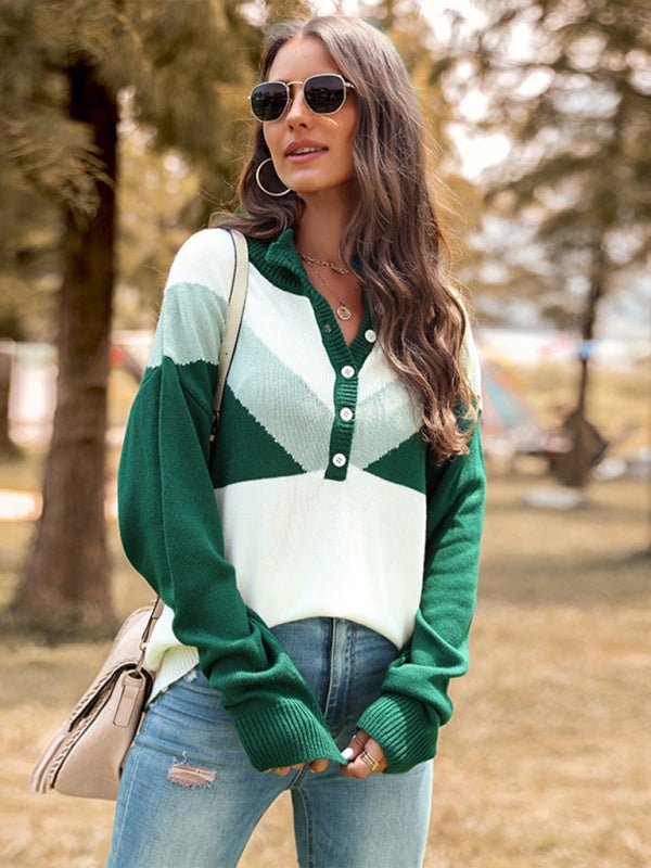 New Color Block Lapel Button Pullover Long Sleeve Sweater - Outerwear