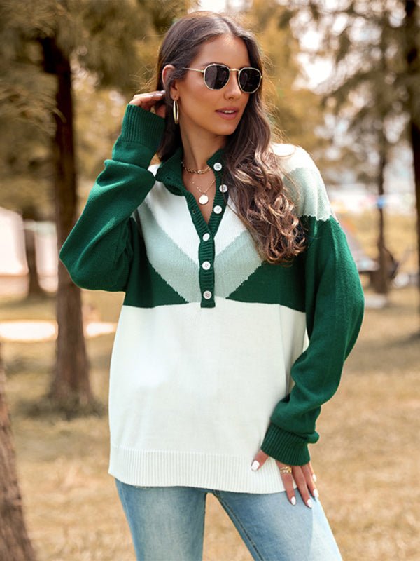 New Color Block Lapel Button Pullover Long Sleeve Sweater - Outerwear