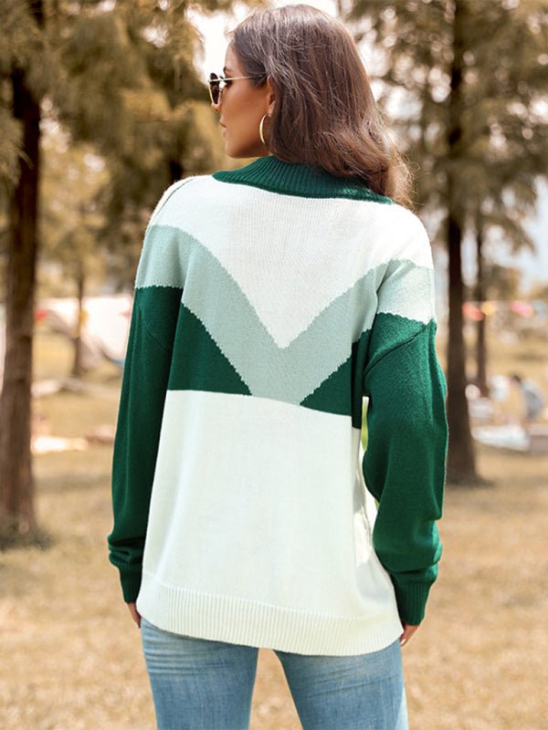 New Color Block Lapel Button Pullover Long Sleeve Sweater - Outerwear