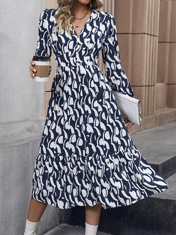 New Elegant Long Sleeve Printed Waist Dress - Day Dress