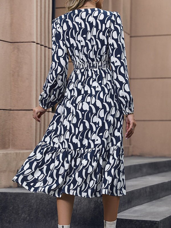 New Elegant Long Sleeve Printed Waist Dress - Day Dress