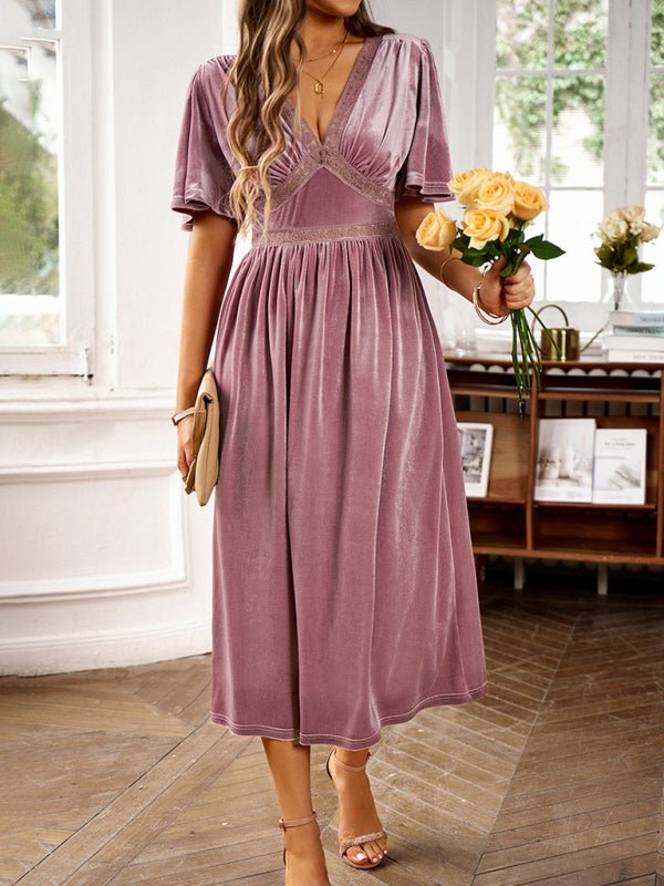 New elegant V - neck short - sleeved velvet dress - Cocktail Dress