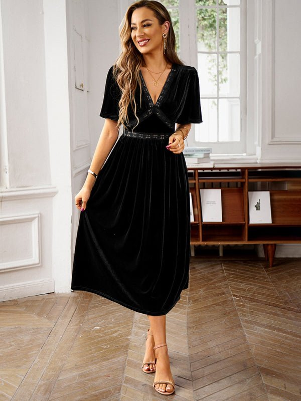 New elegant V - neck short - sleeved velvet dress - Cocktail Dress