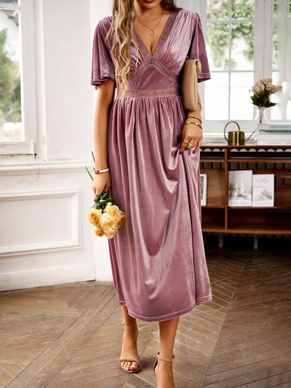 New elegant V - neck short - sleeved velvet dress - Cocktail Dress