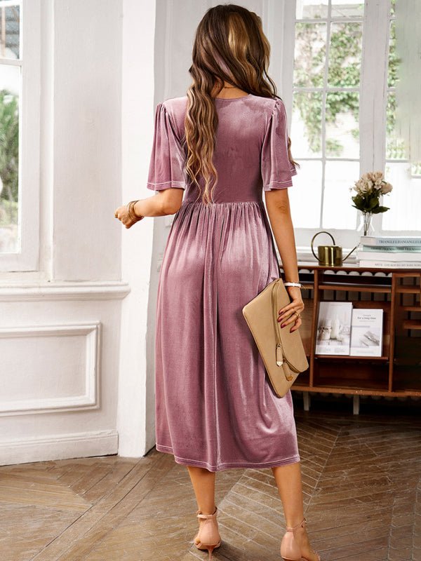 New elegant V - neck short - sleeved velvet dress - Cocktail Dress
