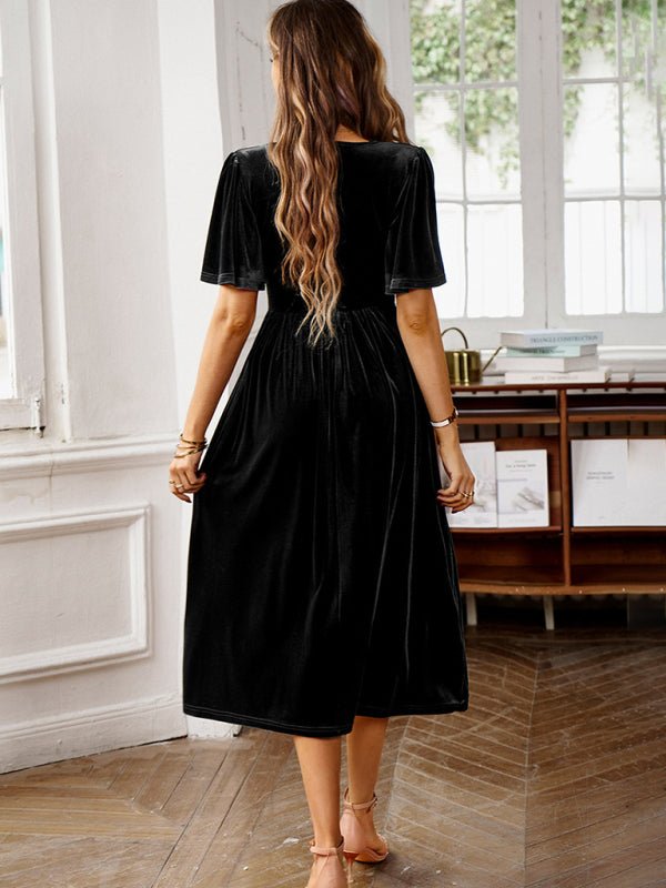 New elegant V - neck short - sleeved velvet dress - Cocktail Dress