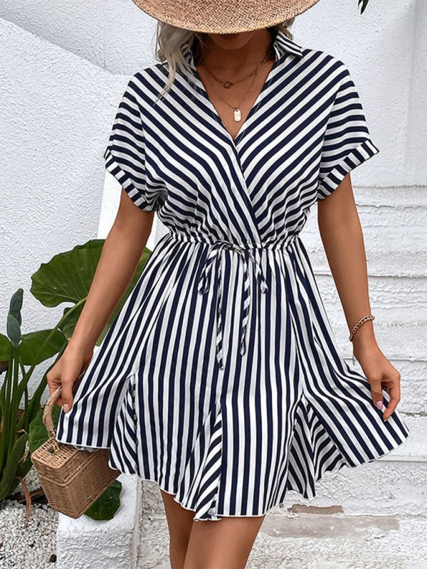 New Fashion Ladies Casual Lapel Striped Shirt Dress - Day Dress