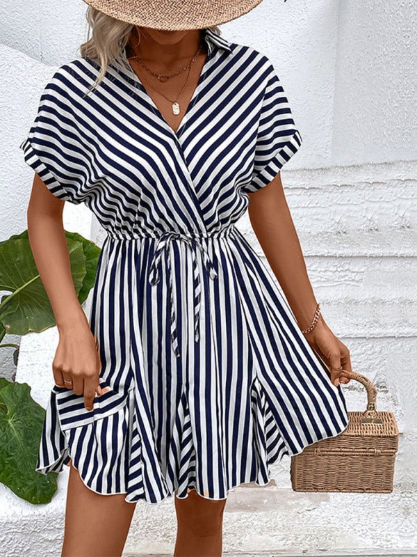 New Fashion Ladies Casual Lapel Striped Shirt Dress - Day Dress
