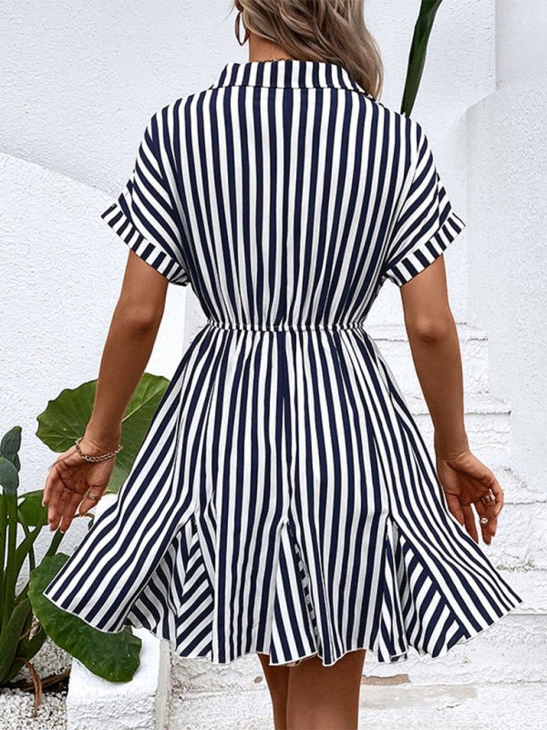 New Fashion Ladies Casual Lapel Striped Shirt Dress - Day Dress