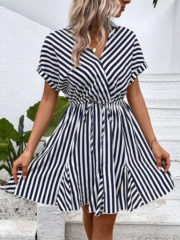 New Fashion Ladies Casual Lapel Striped Shirt Dress - Day Dress