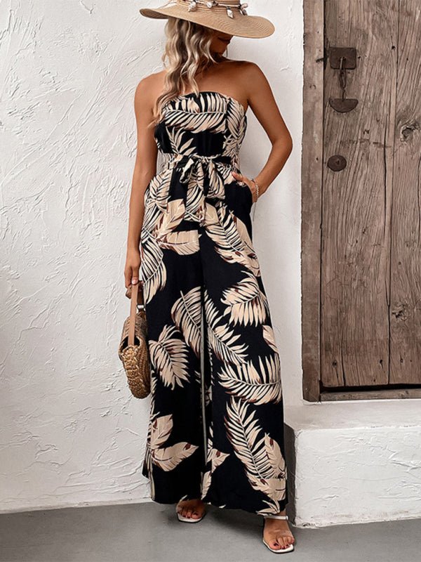 New fashion women's plant leaf print tube top jumpsuit - Jumpsuit