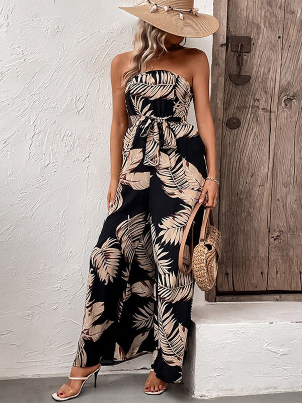 New fashion women's plant leaf print tube top jumpsuit - Jumpsuit