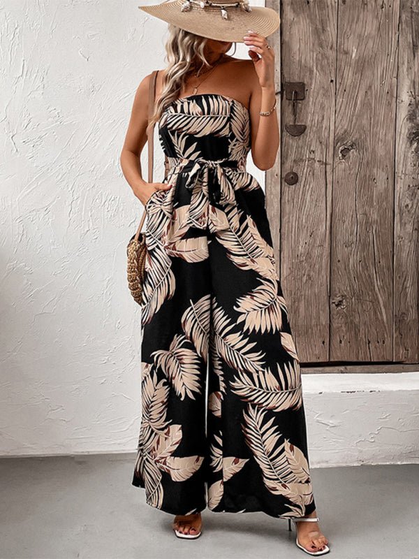New fashion women's plant leaf print tube top jumpsuit - Jumpsuit