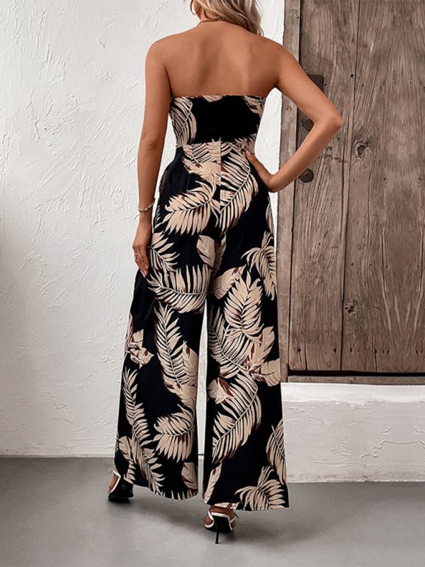 New fashion women's plant leaf print tube top jumpsuit - Jumpsuit