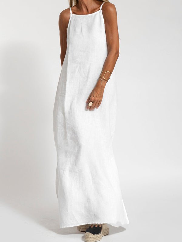 New fashionable casual cotton and linen slit suspender dress - Casual Dress