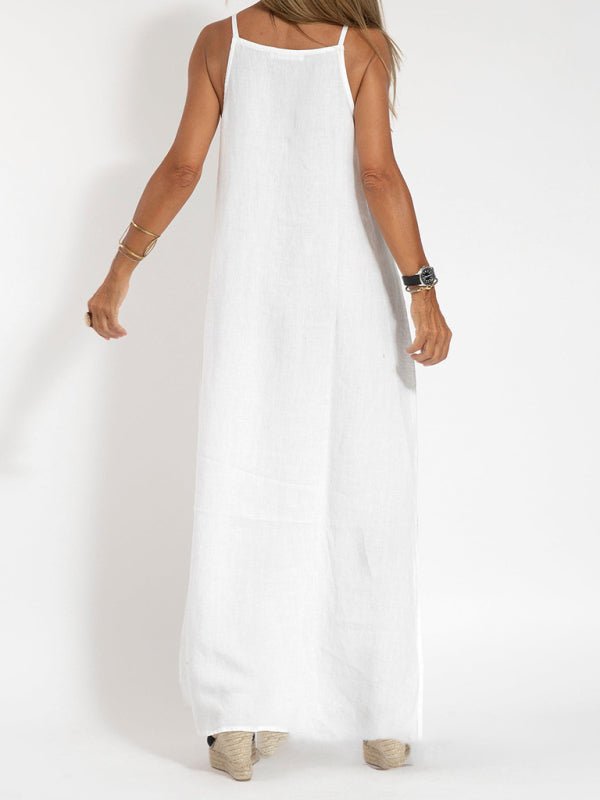 New fashionable casual cotton and linen slit suspender dress - Casual Dress
