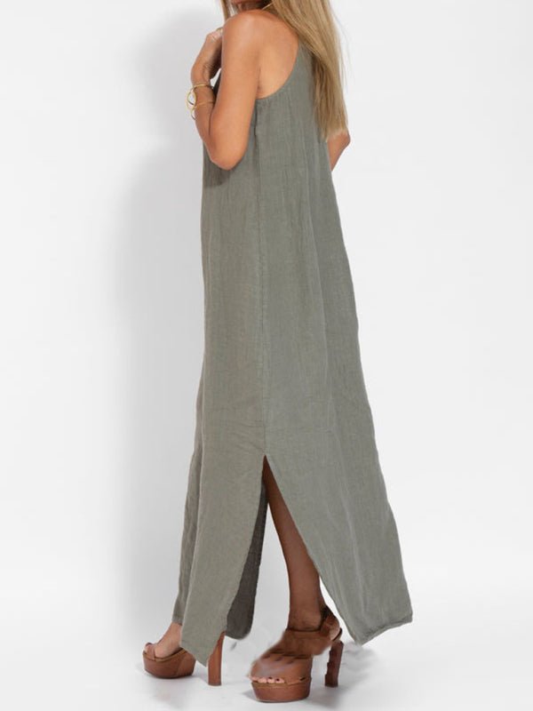 New fashionable casual cotton and linen slit suspender dress - Casual Dress