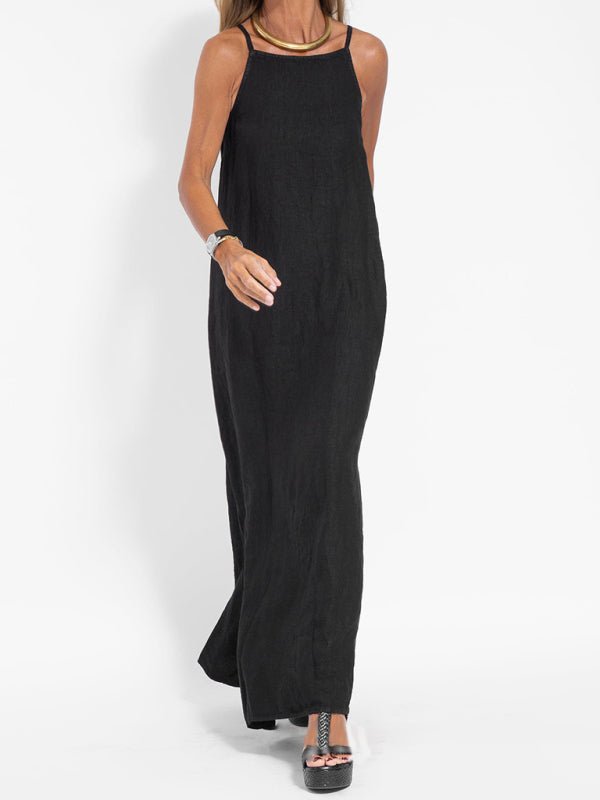 New fashionable casual cotton and linen slit suspender dress - Casual Dress