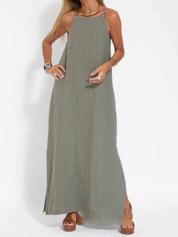 New fashionable casual cotton and linen slit suspender dress - Casual Dress