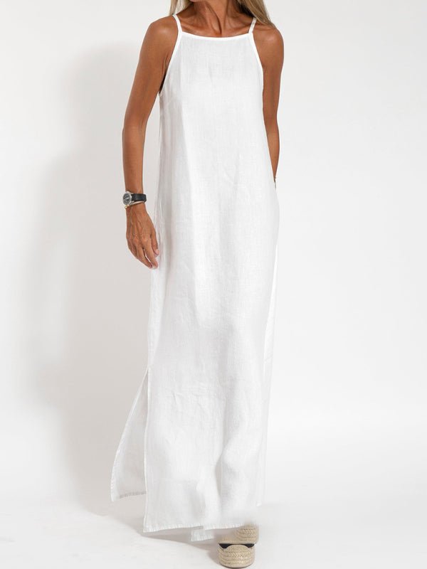 New fashionable casual cotton and linen slit suspender dress - Casual Dress